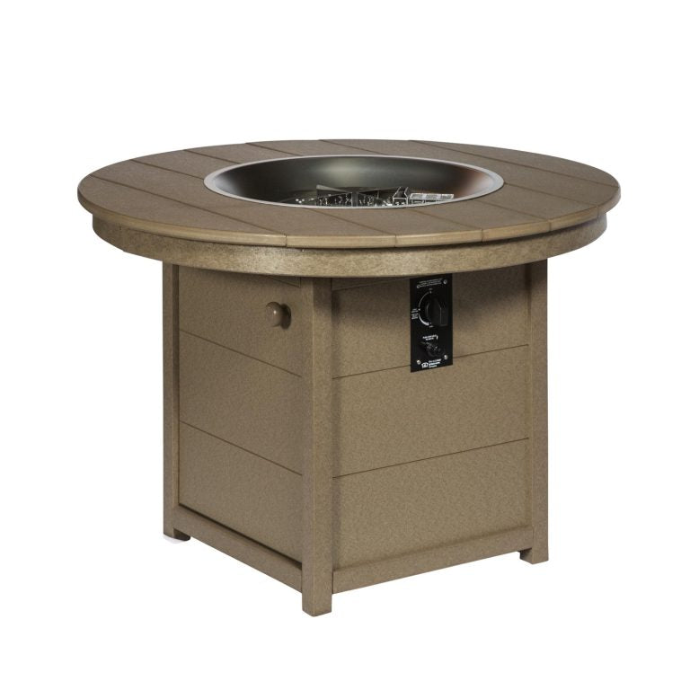 Round outdoor fire pit table with a central metal burner and beige wooden-style base.