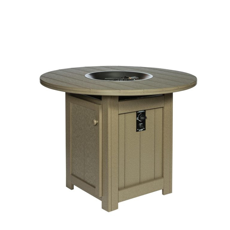 Round outdoor fire pit table in beige with a central burner insert and storage base paneling in the pedestal