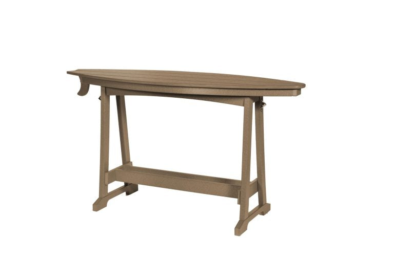 Brown wooden trestle table with an oval top and sturdy A-frame legs against a white background.