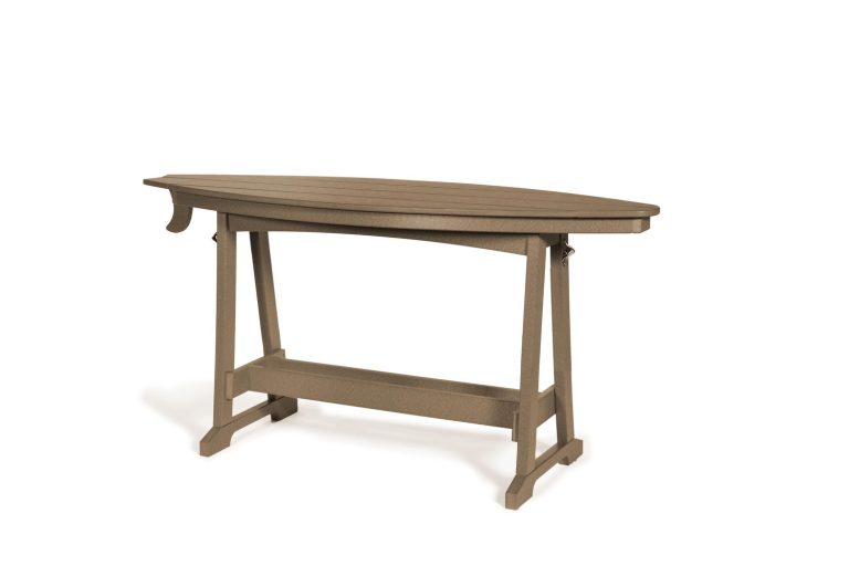 Brown wooden trestle-style table with a long plank top, outdoor look.
