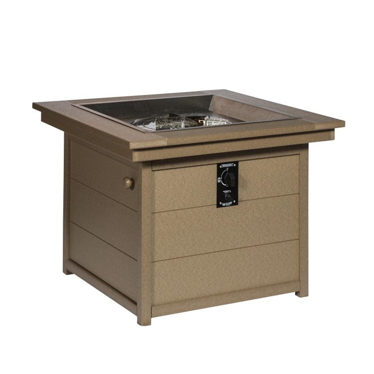 Brown outdoor fire pit end table with a glass inset and front control knob arrangement
