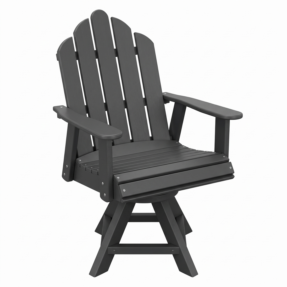 A dark gray swivel Adirondack-style outdoor chair with a slatted back and seat, shown on a plain white background.