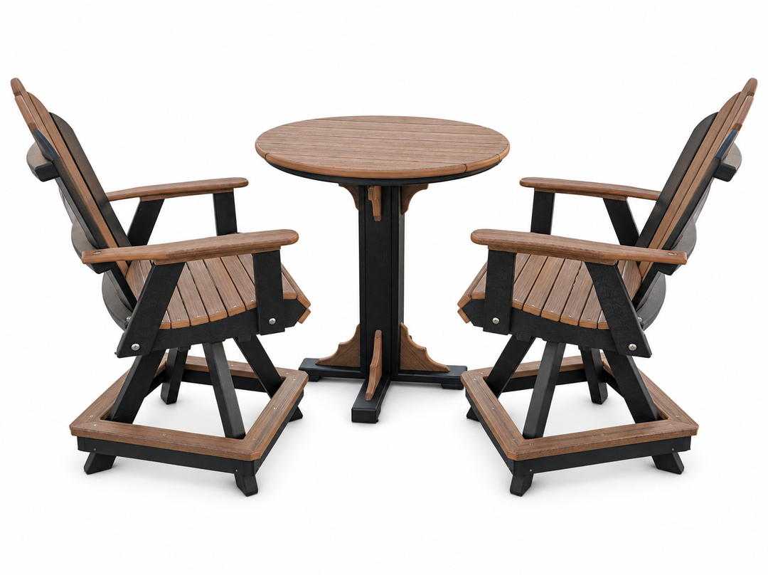 A 3-piece outdoor patio bistro set featuring a round wooden-top table and two matching Adirondack-style chairs with brown slatted seats and backs and black frames, shown on a white background.