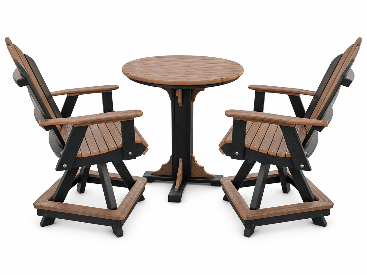 A 3-piece outdoor patio bistro set featuring a round wooden-top table and two matching Adirondack-style chairs with brown slatted seats and backs and black frames, shown on a white background.